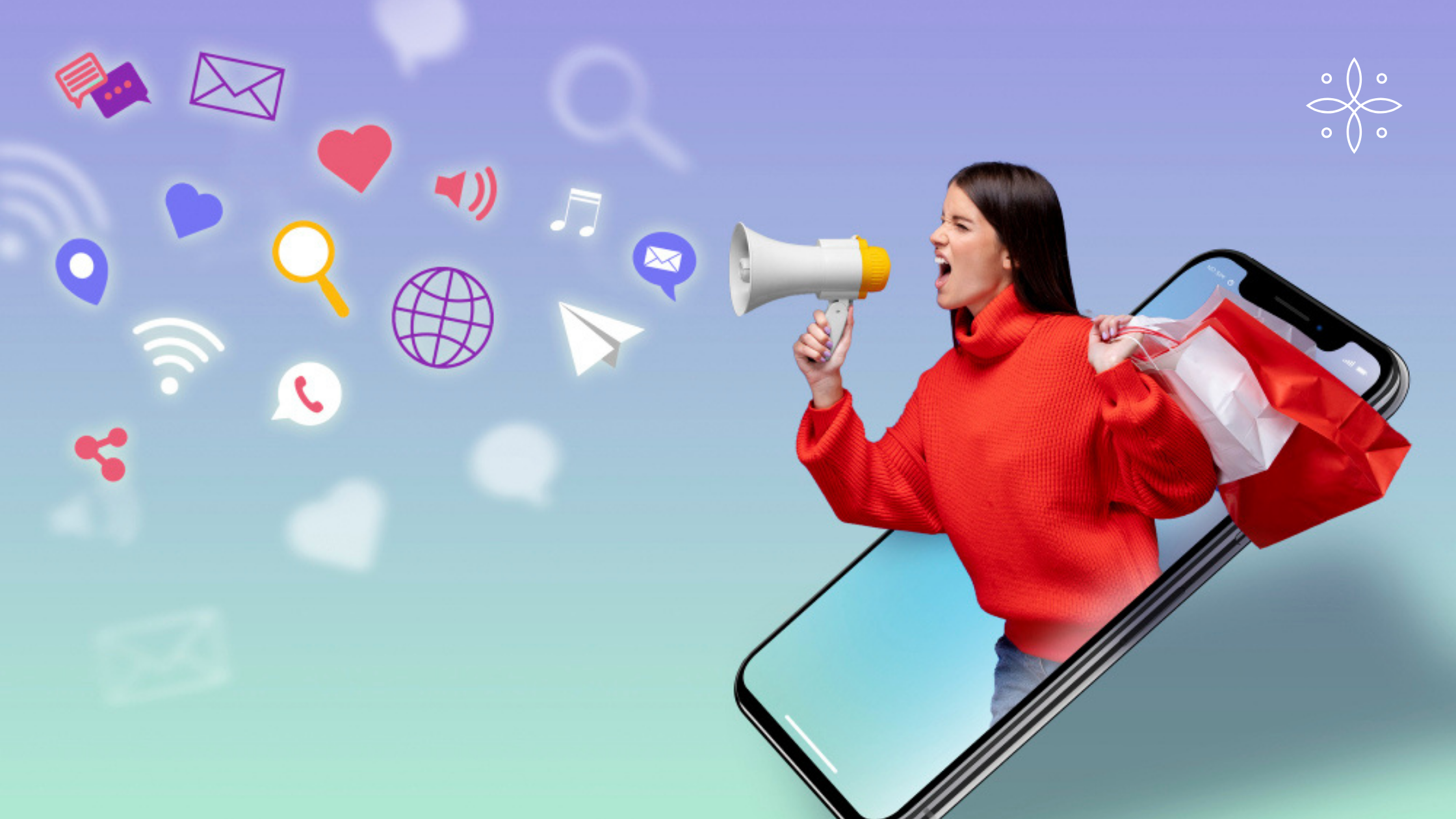 A woman with a megaphone and shopping bags emerges from a phone, surrounded by digital marketing icons.